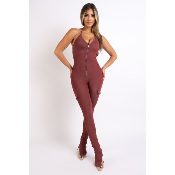 Boutique Pants - Women's Sexy Sleeveless Cargo Pocket Halter Casual Side Slit Jumpsuit Party Club